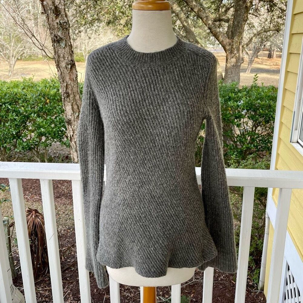 A.L.C. Graham Gray Ribbed Knit Merino Wool Blend Bell Sleeve Sweater